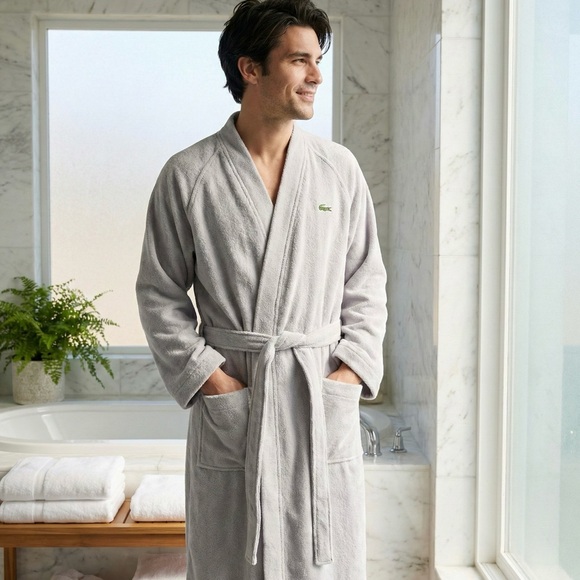 Lacoste Home Piqué Cotton Terry Bathrobe - Meteorite Grey Unisex - Picture 7 of 7